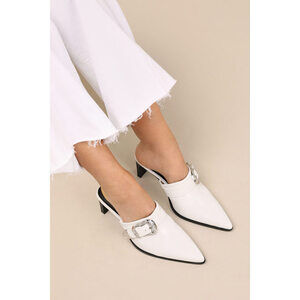 Lulus Isabetta White Pointed-toe Buckle Mules - Size 9